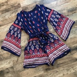 New York & Company Navy and Red Patterned Jumpsuit